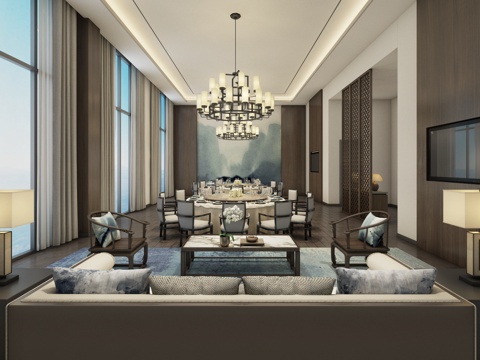  新中式餐厅 餐桌 餐椅 主题餐厅 饭店 包厢 包间3d模型 