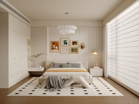  法式奶油风卧室3d模型 