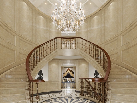  别墅楼梯间 水晶吊灯 栏杆 楼梯3d模型 