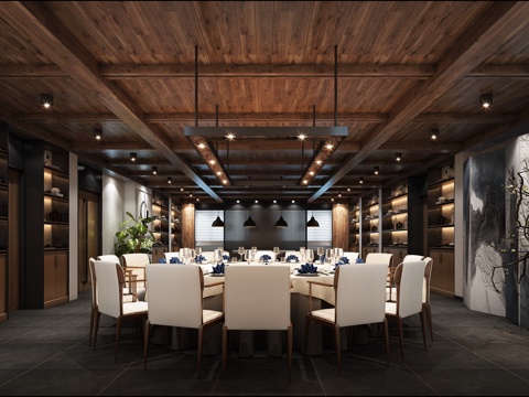  餐厅包间 新中式包间 酒店包间 中式餐桌  酒柜3d模型 