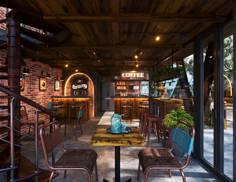  工业复古风红砖咖啡馆全场景 含吧台 螺旋楼梯 桌椅 黑板菜3d模型 