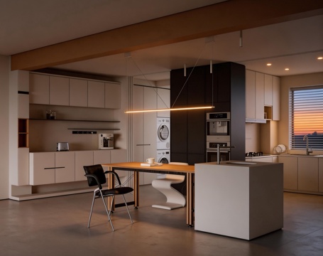 餐厅 吧台 餐桌 厨柜su模型