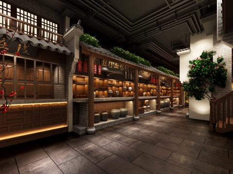  中式茶餐厅 过道 餐桌 门头3d模型 