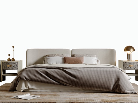  现代轻奢双人床  简约双人床 主卧双人床 床头柜3d模型 