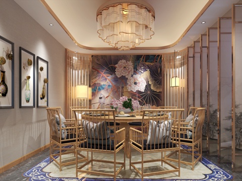  新中式餐厅 餐桌 餐椅 主题餐厅 饭店 包厢 包间3d模型 