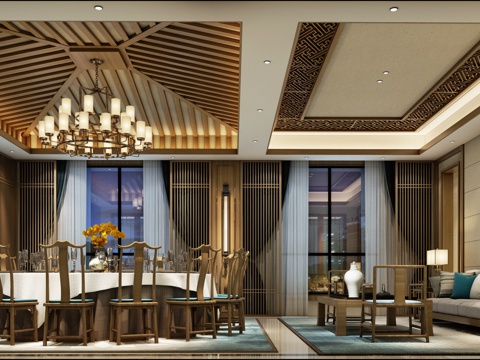  新中式餐厅 餐桌 餐椅 主题餐厅 饭店 包厢 包间3d模型 