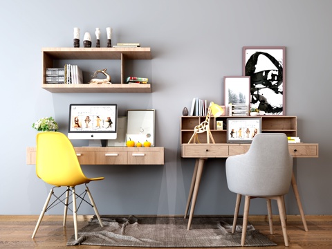  现代书桌 椅子 书柜 台灯 电脑 装饰品摆件 小盆栽 地毯3d模型 