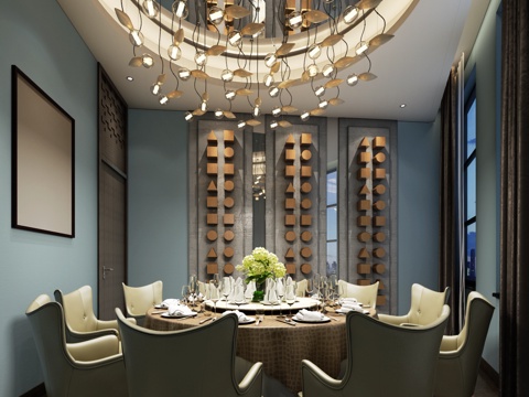  新中式餐厅 餐桌 餐椅 主题餐厅 饭店 包厢 包间3d模型 