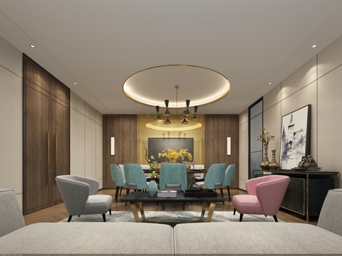  新中式 餐厅包厢 餐桌椅 边柜 单人椅 挂画 吊灯 饰品3d模型 