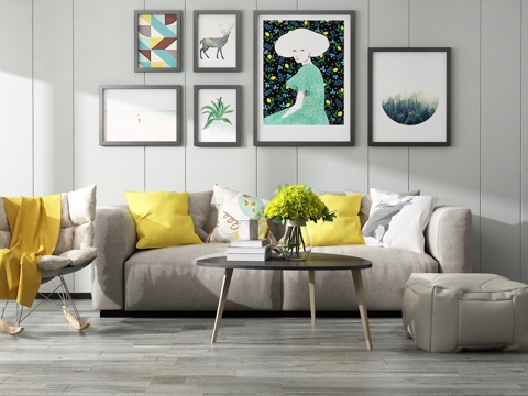  现代沙发茶几组合 背景墙3d模型 