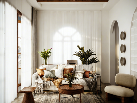  现代简约原木奶油风客厅 拱形背景墙 编织椅 圆形茶几 地毯绿3d模型 