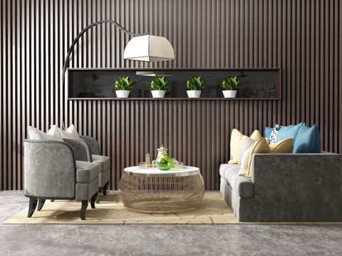  现代沙发茶几组合 背景墙3d模型 