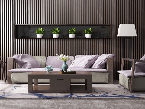  现代沙发茶几组合 背景墙3d模型 