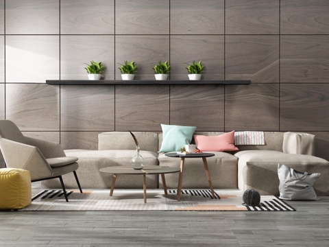  现代沙发茶几组合背景墙3d模型 