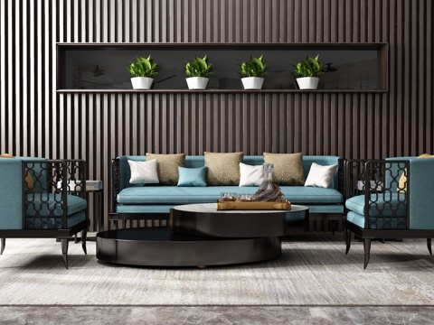  现代沙发茶几组合 背景墙3d模型 