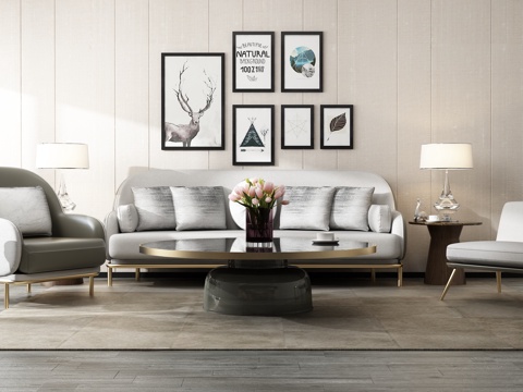  现代沙发茶几组合 背景墙3d模型 