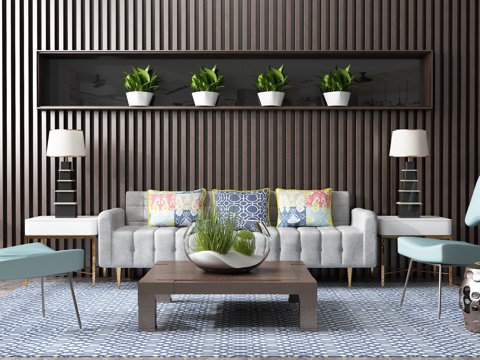  现代沙发茶几组合 背景墙3d模型 