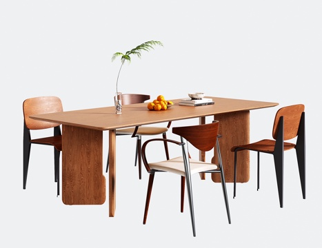 中古现代餐桌椅 长方形木餐桌 餐椅su模型