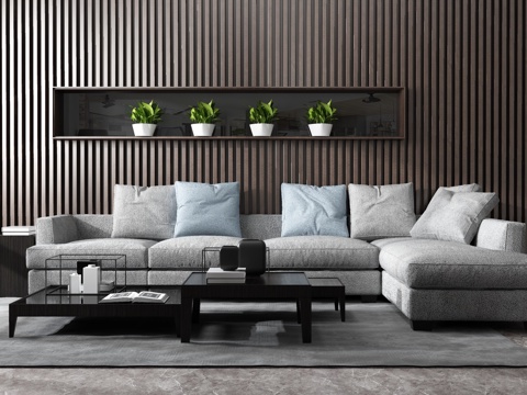  中式沙发茶几组合 背景墙3d模型 