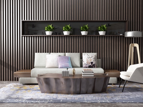  现代沙发茶几组合 背景墙3d模型 