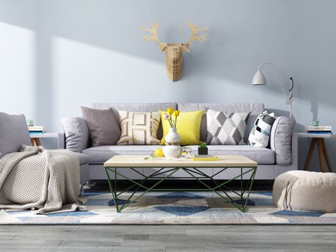  现代沙发茶几组合背景墙3d模型 