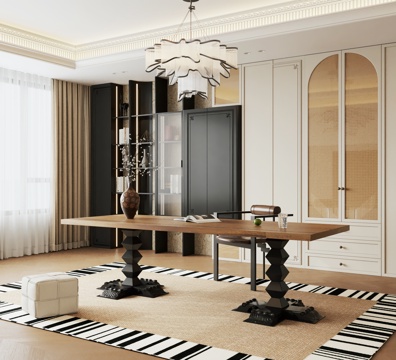  法式复古风书房 开放式书房 别墅书房3d模型 