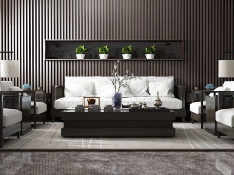  现代沙发茶几组合 背景墙3d模型 