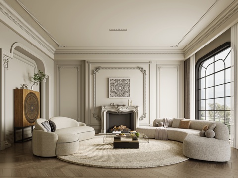  法式奶油风客厅3d模型 