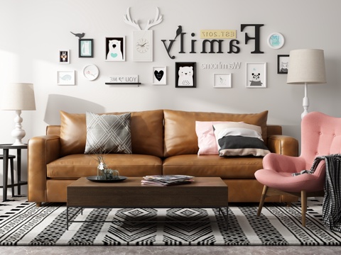  美式沙发茶几组合3d模型 