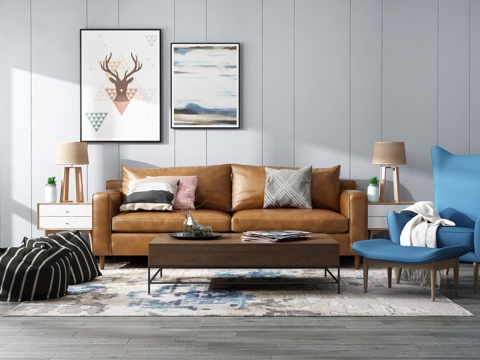  现代沙发茶几组合背景墙3d模型 