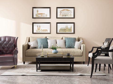  美式沙发茶几组合3d模型 