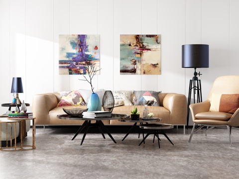  北欧皮革沙发茶几组合3d模型 