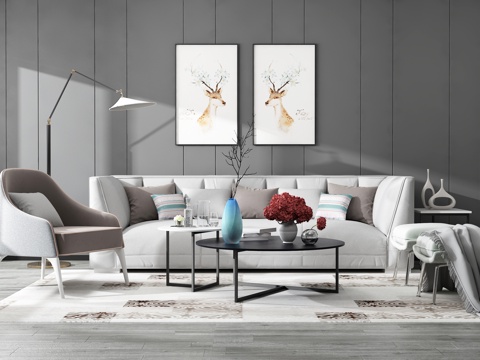  现代沙发茶几组合背景墙3d模型 