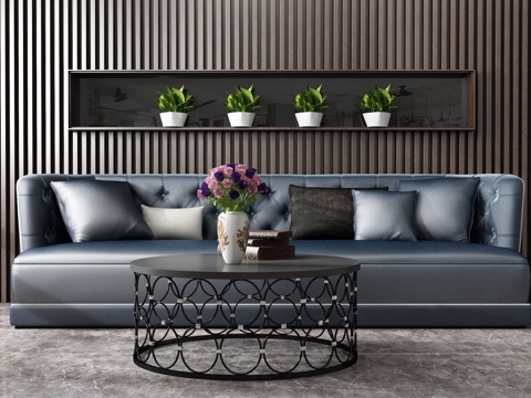  现代沙发茶几组合 背景墙3d模型 