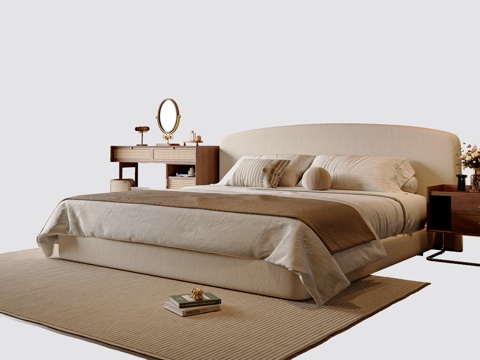  中古风双人床 主卧双人床 中古风床头柜 中古风梳妆椅3d模型 