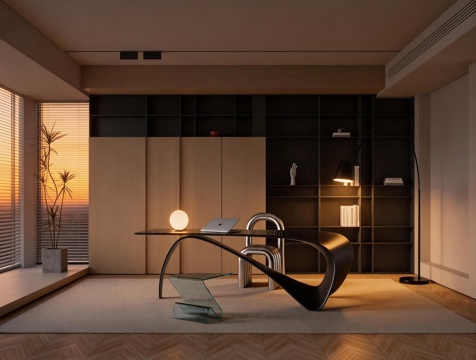 书房 书桌 笔记本电脑 休闲椅su模型