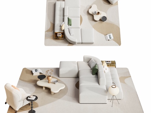  奶油沙发茶几组合3d模型 