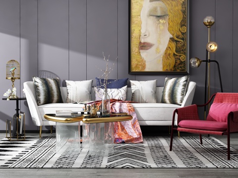  现代沙发茶几组合背景墙3d模型 