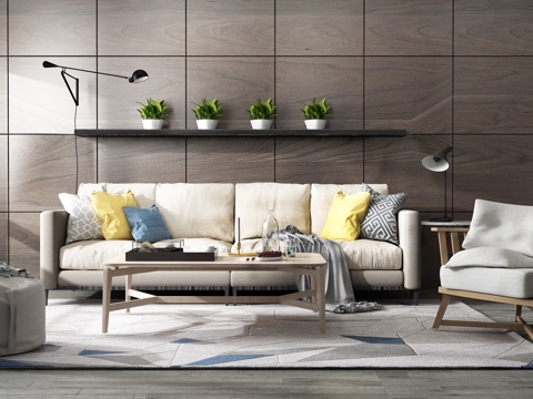  现代沙发茶几组合 背景墙3d模型 