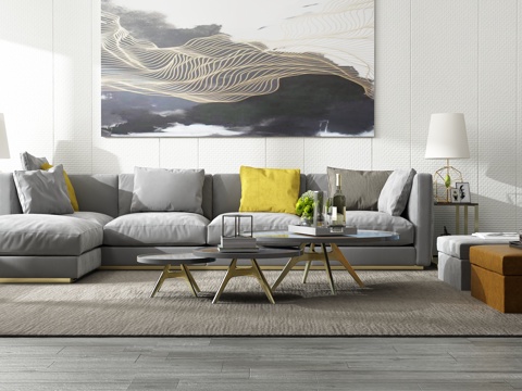  现代沙发茶几组合 背景墙3d模型 