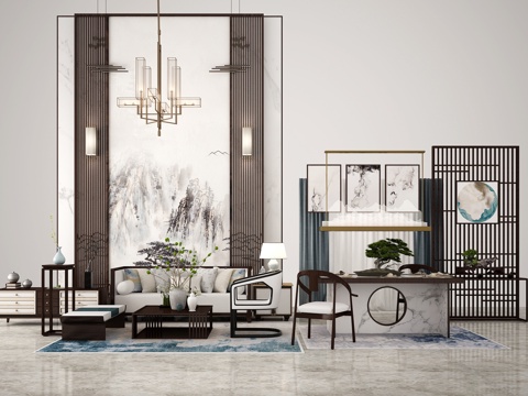  新中式别墅客厅 沙发茶几 餐桌椅 边柜 屏风 端景台3d模型 