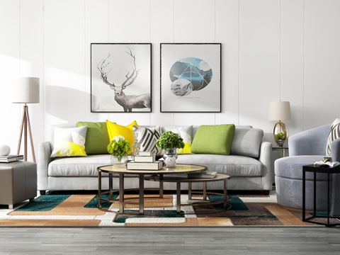  现代沙发茶几组合 背景墙3d模型 