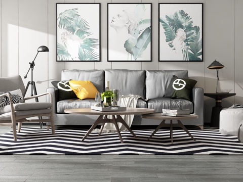  现代沙发茶几组合背景墙3d模型 