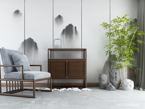  新中式沙发茶几 端景柜 玄关柜 景观小品3d模型 