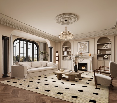  法式奶油风客厅3d模型 