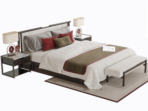  新中式双人床 床尾凳3d模型 