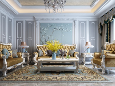  简欧沙发茶几组合 茶几 角几 植物 装饰品 台灯 吊灯 墙饰3d模型 