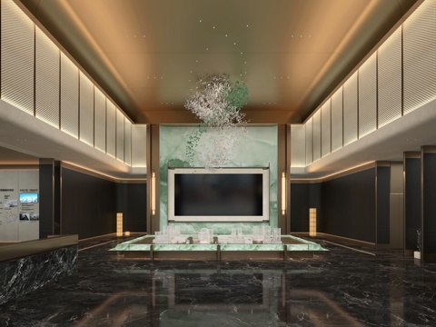  售楼部大厅 沙盘 吊灯 背景墙3d模型 