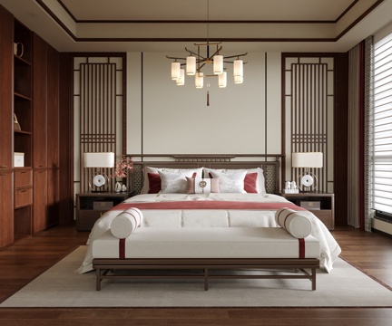 新中式卧室 双人床su模型