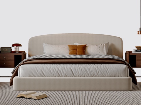  中古风双人床 主卧双人床 中古风床头柜 吊灯3d模型 